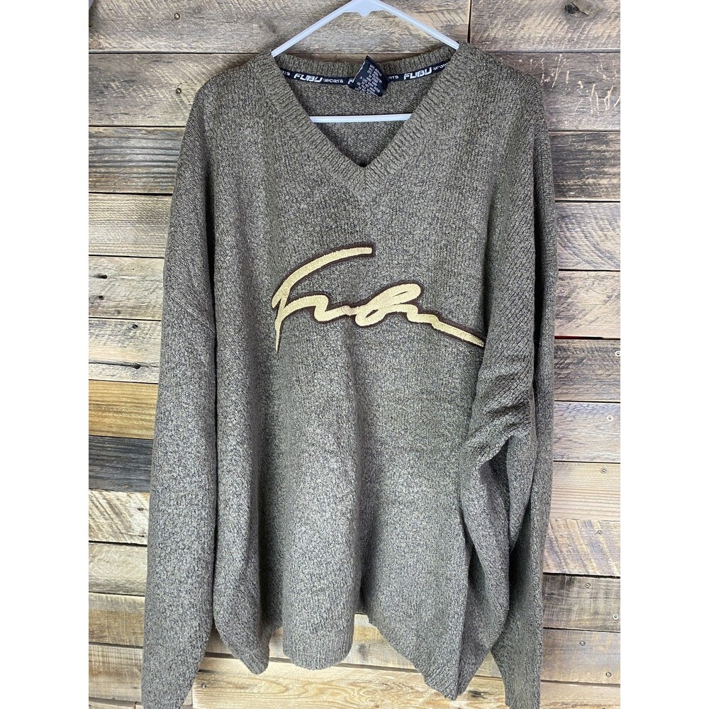 Vintage FUBU Sweater Mens 3XL Brown V-Neck The Collection Wool Blend HipHop